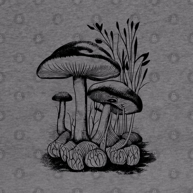 Mushroom line art wild garden collection tattoo style drawing by jen28